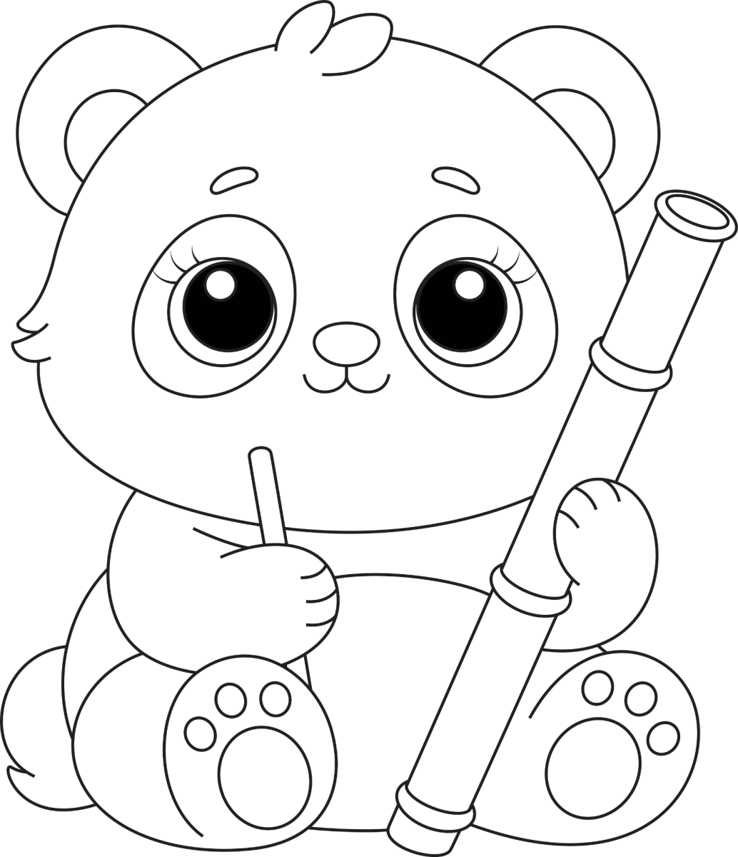 Panda kawaii de olhos grandes com bambu para colorir