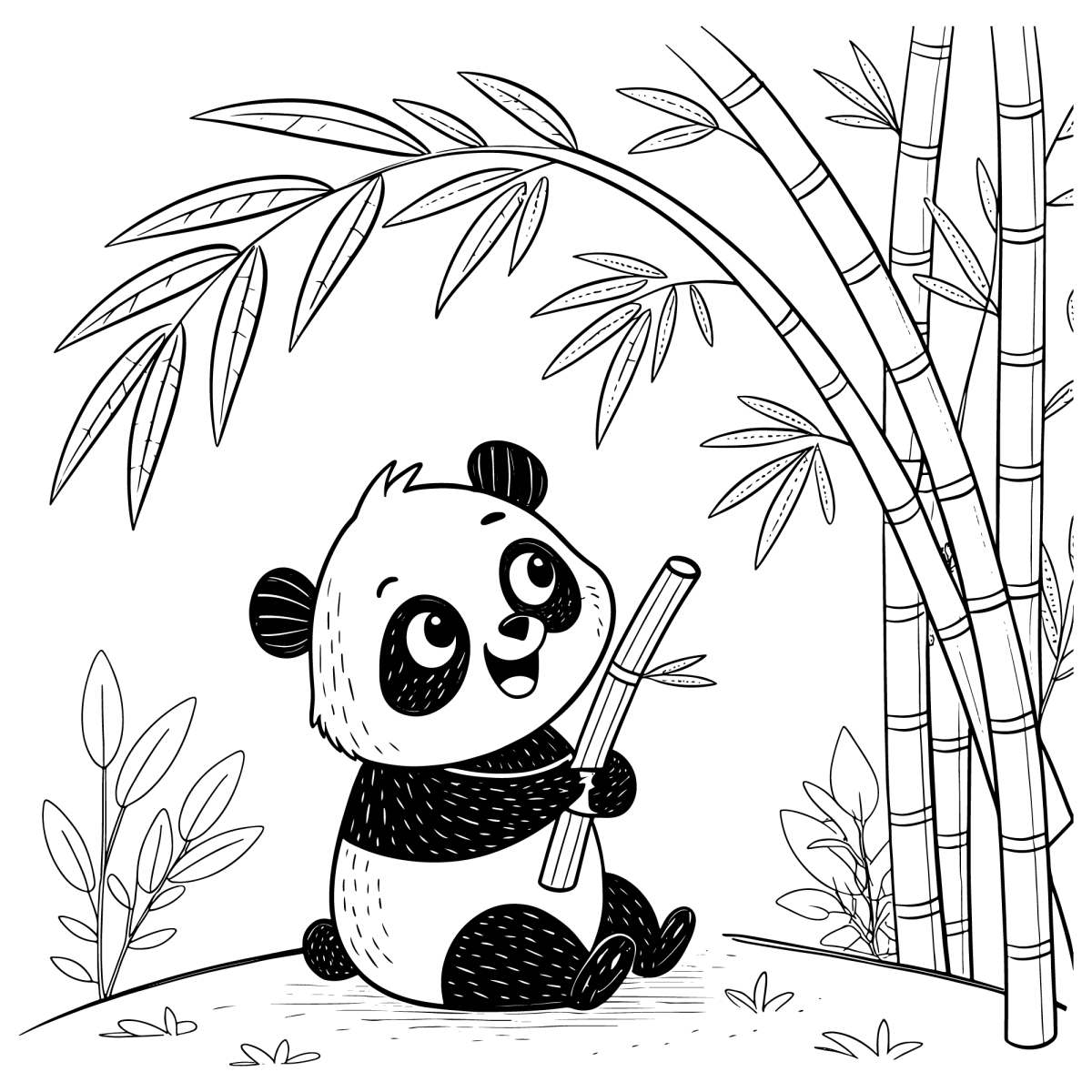 Panda segurando bambu na floresta com montanhas para colorir