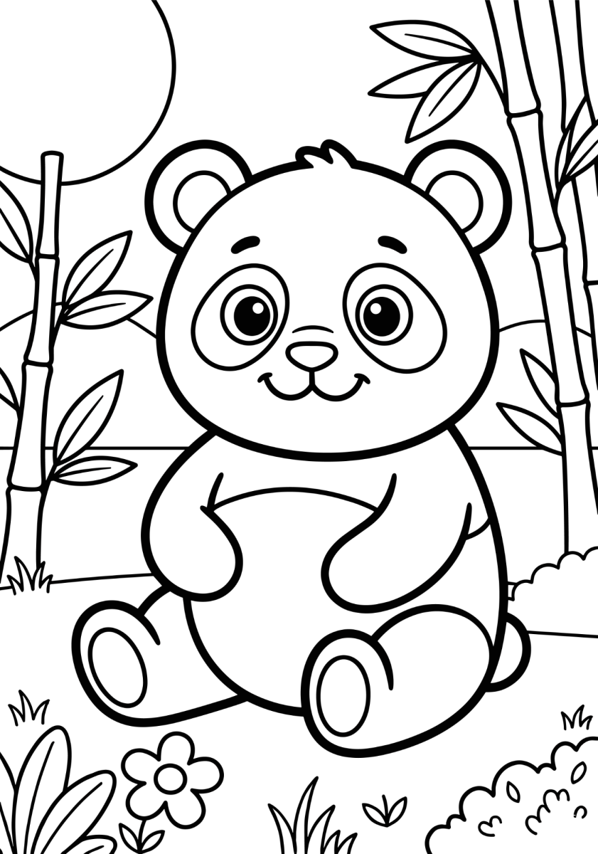 Panda sentado embaixo dos bambus para colorir