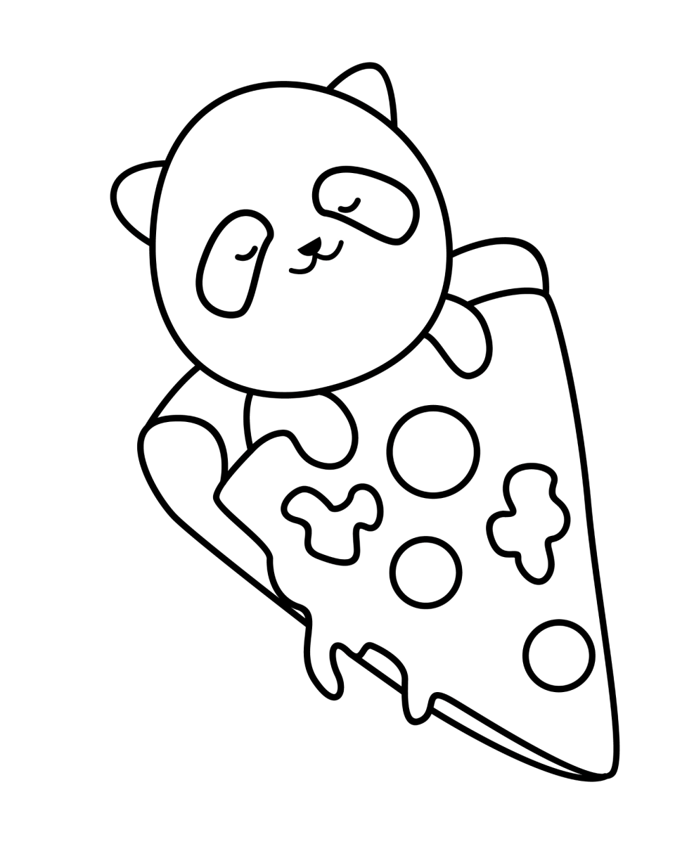 Panda surfando numa fatia de pizza para colorir