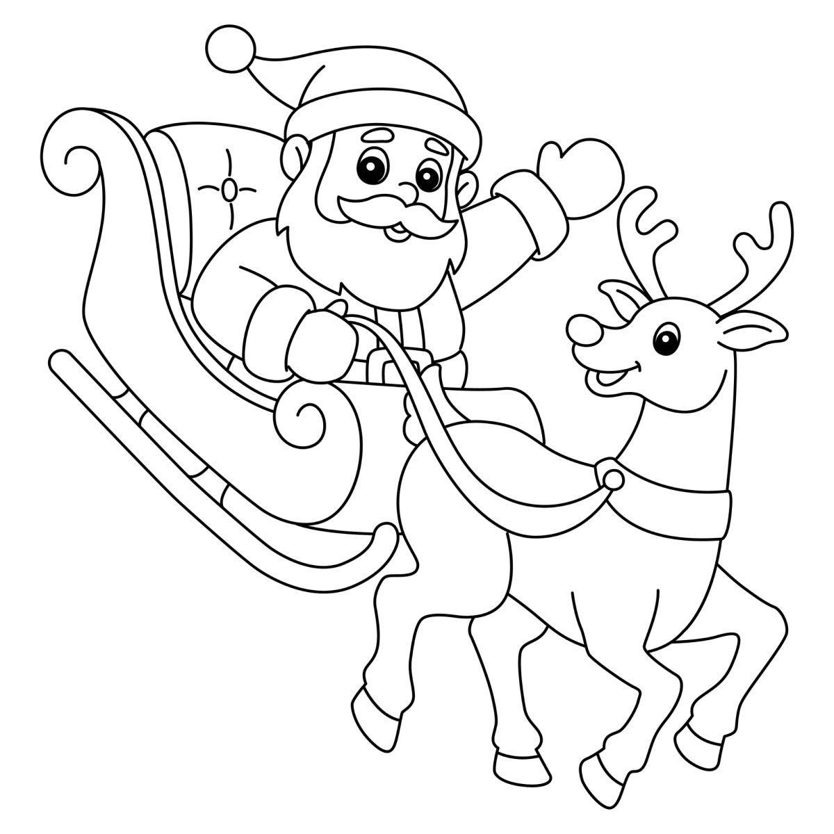Papai Noel abraçando a rena no trenó para colorir