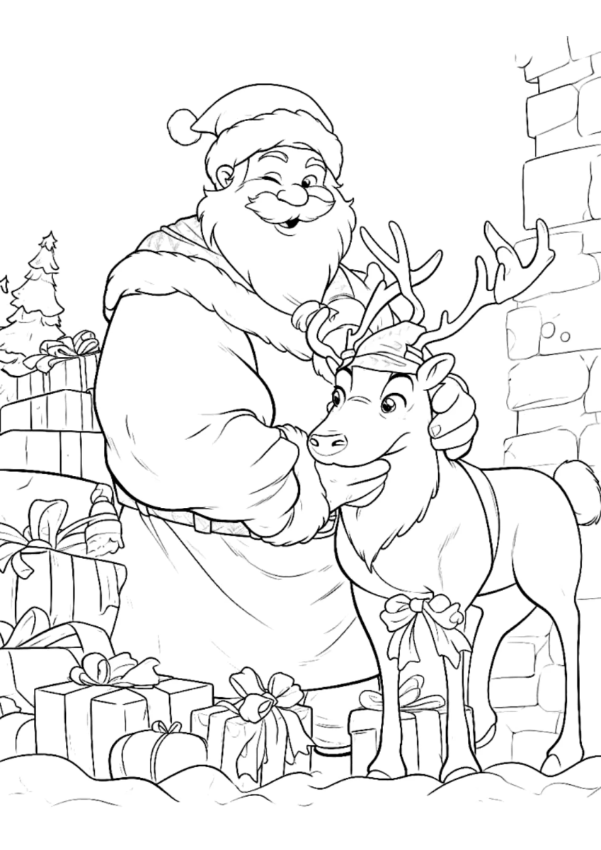 Papai Noel abraçando a rena perto da lareira para colorir