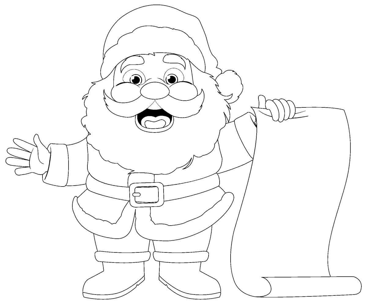 Papai Noel acenando com a carta na mão para colorir