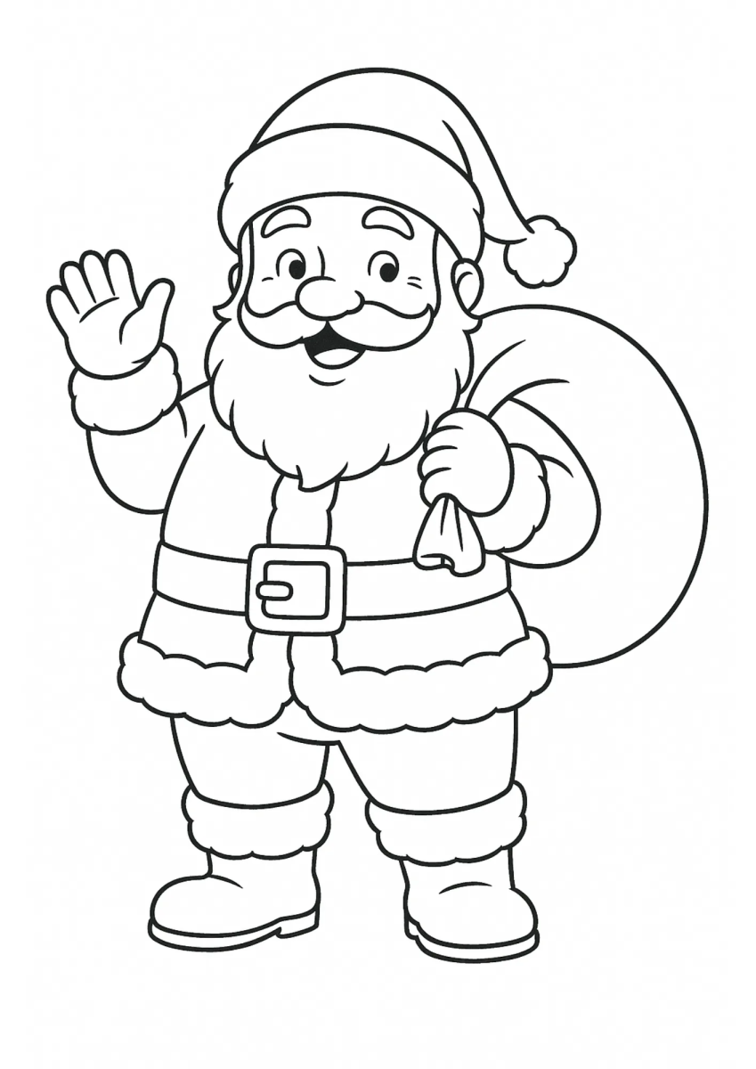 Papai Noel acenando com o saco nas costas para colorir
