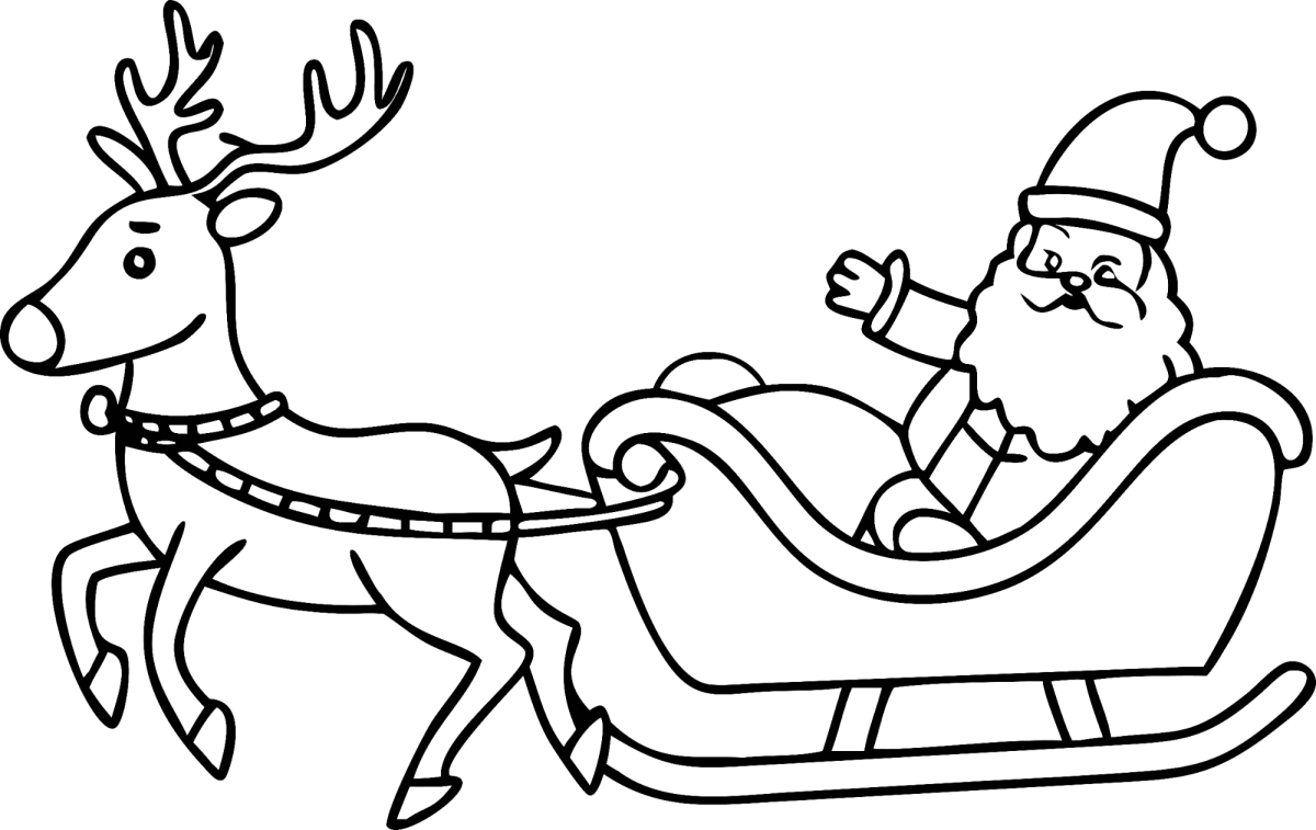 Papai Noel acenando do trenó puxado pela rena para colorir