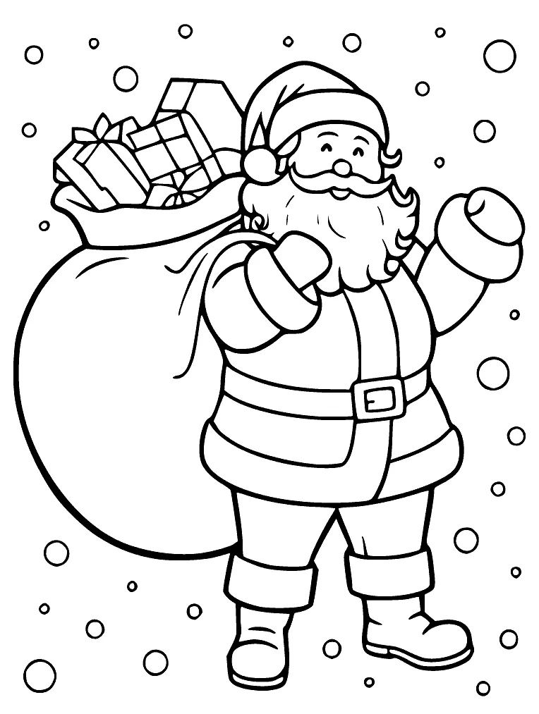 Papai Noel andando na neve com os presentes para colorir