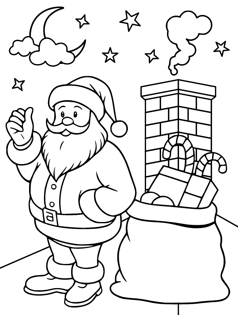 Papai Noel ao lado da chaminé com presentes para colorir