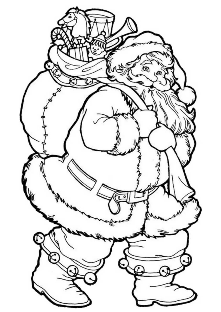Papai Noel carregando o saco de presentes no ombro para colorir