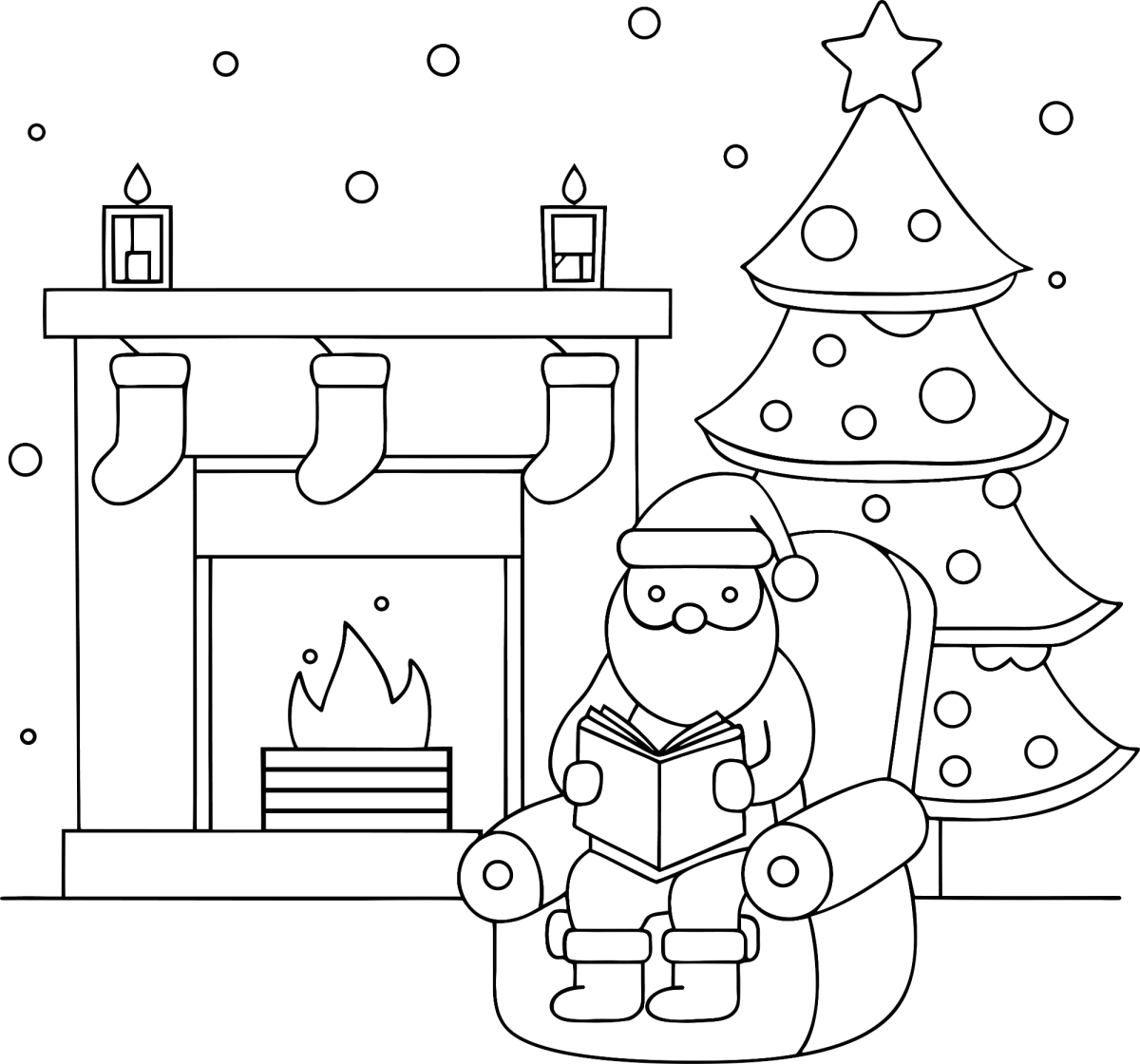 Papai Noel chegando na sala com lareira e árvore para colorir