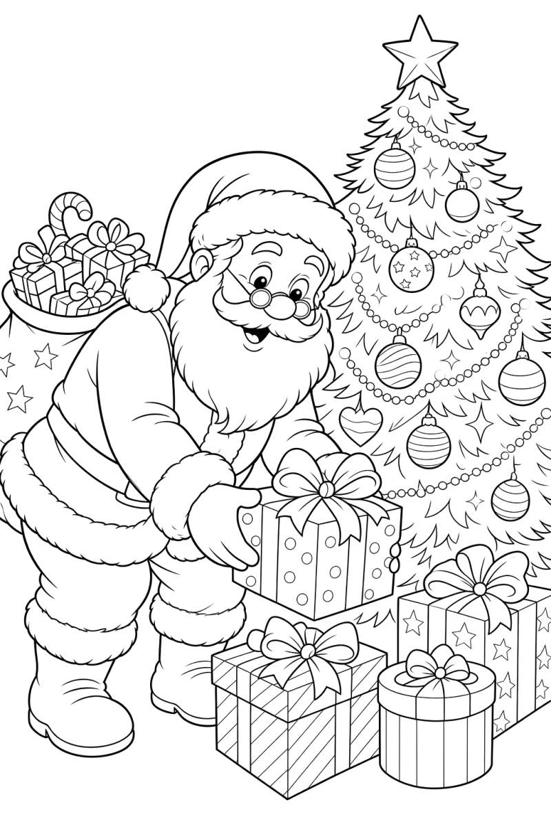 Papai Noel colocando presentes embaixo da árvore para colorir
