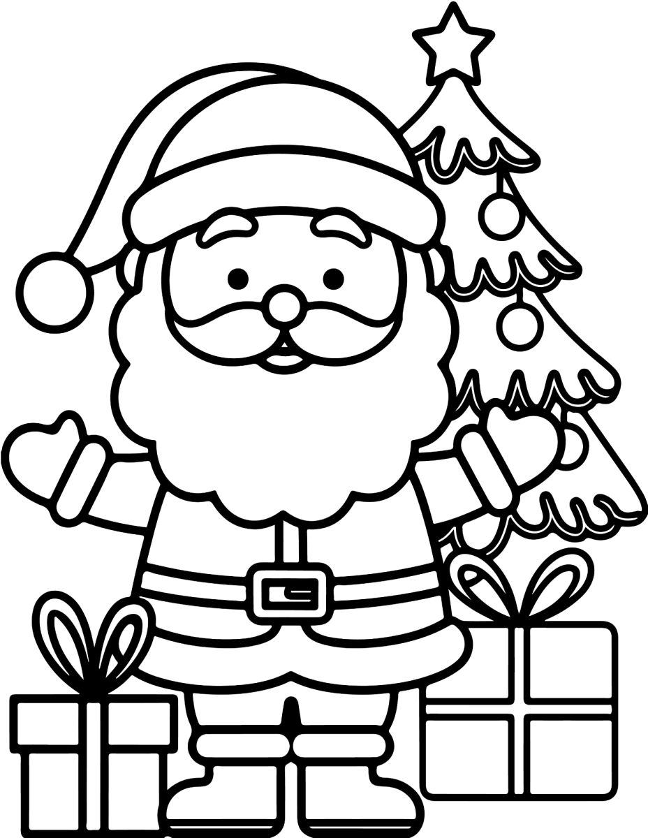 Papai Noel com a árvore e os presentes para colorir