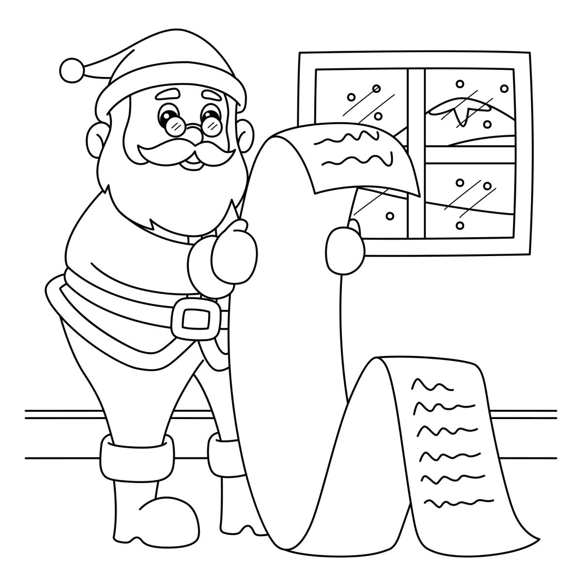 Papai Noel com a lista enorme na frente da janela para colorir