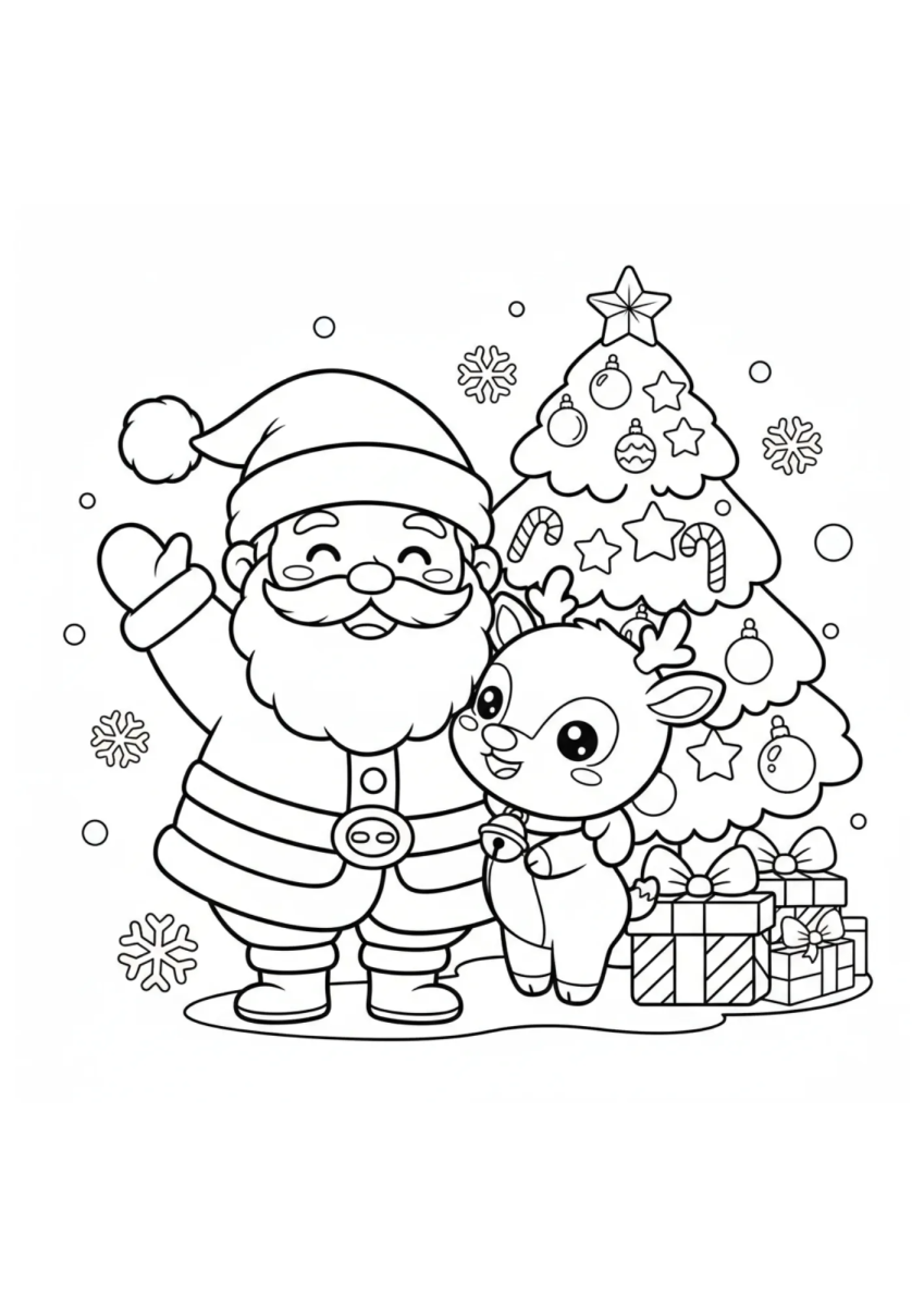 Papai Noel com a rena ao lado da árvore para colorir