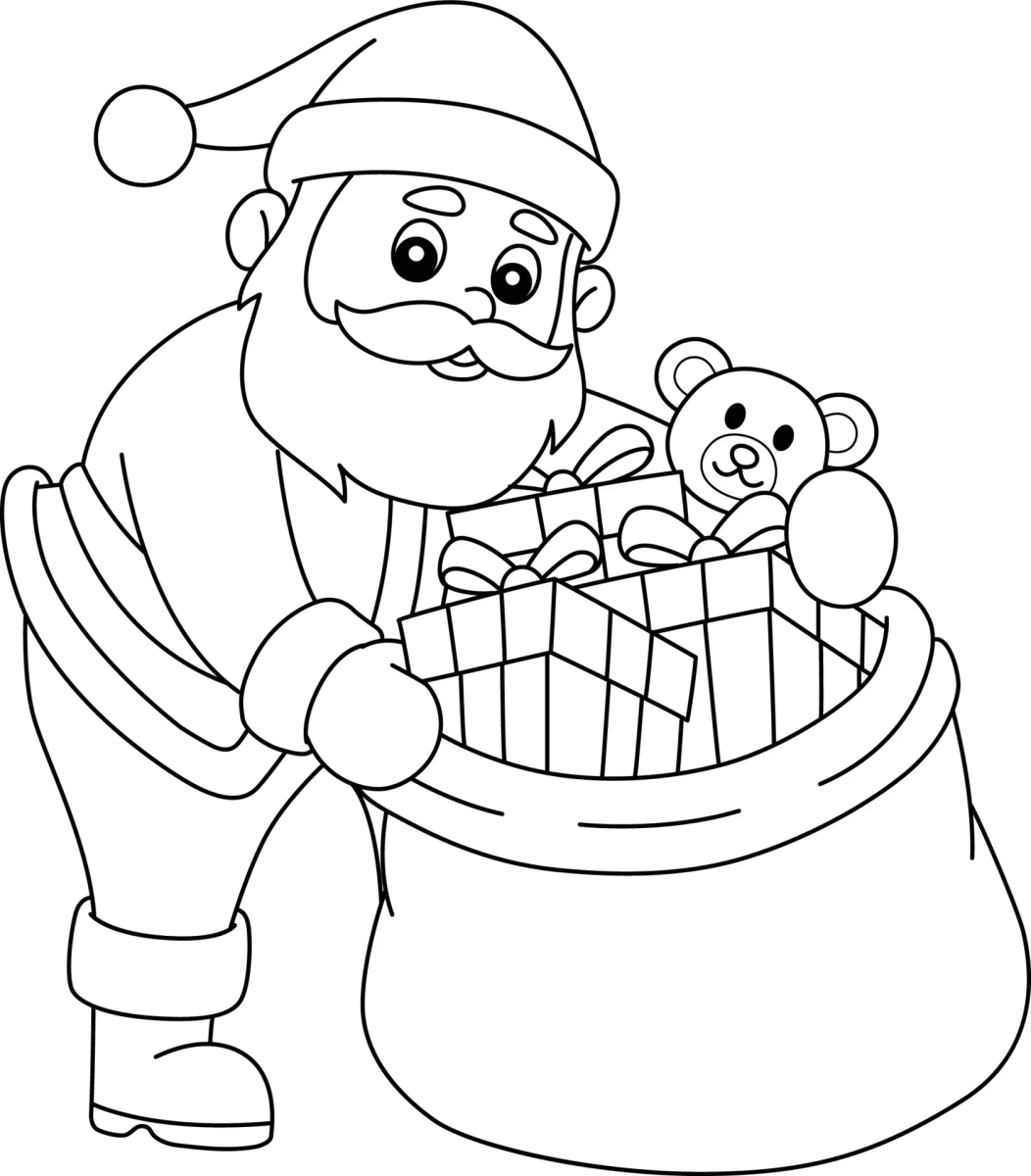 Papai Noel com o saco cheio de brinquedos para colorir