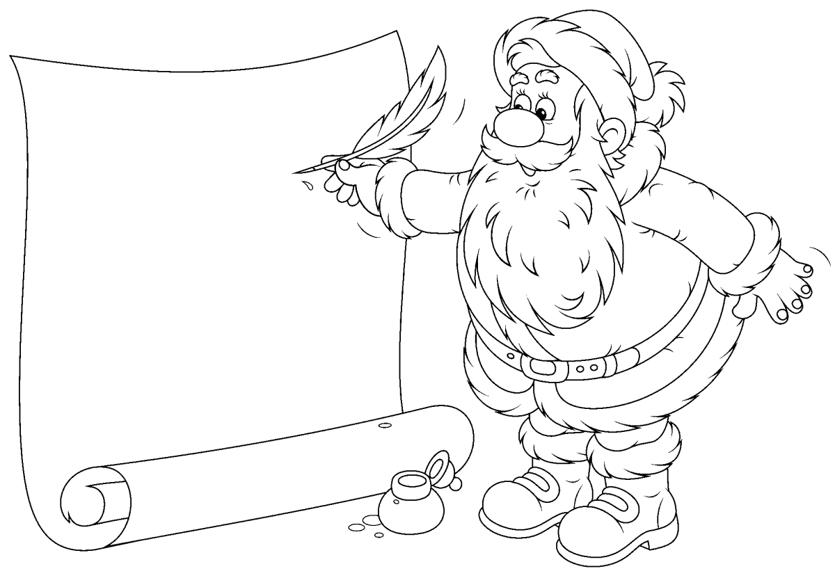 Papai Noel com pergaminho gigante de pedidos para colorir