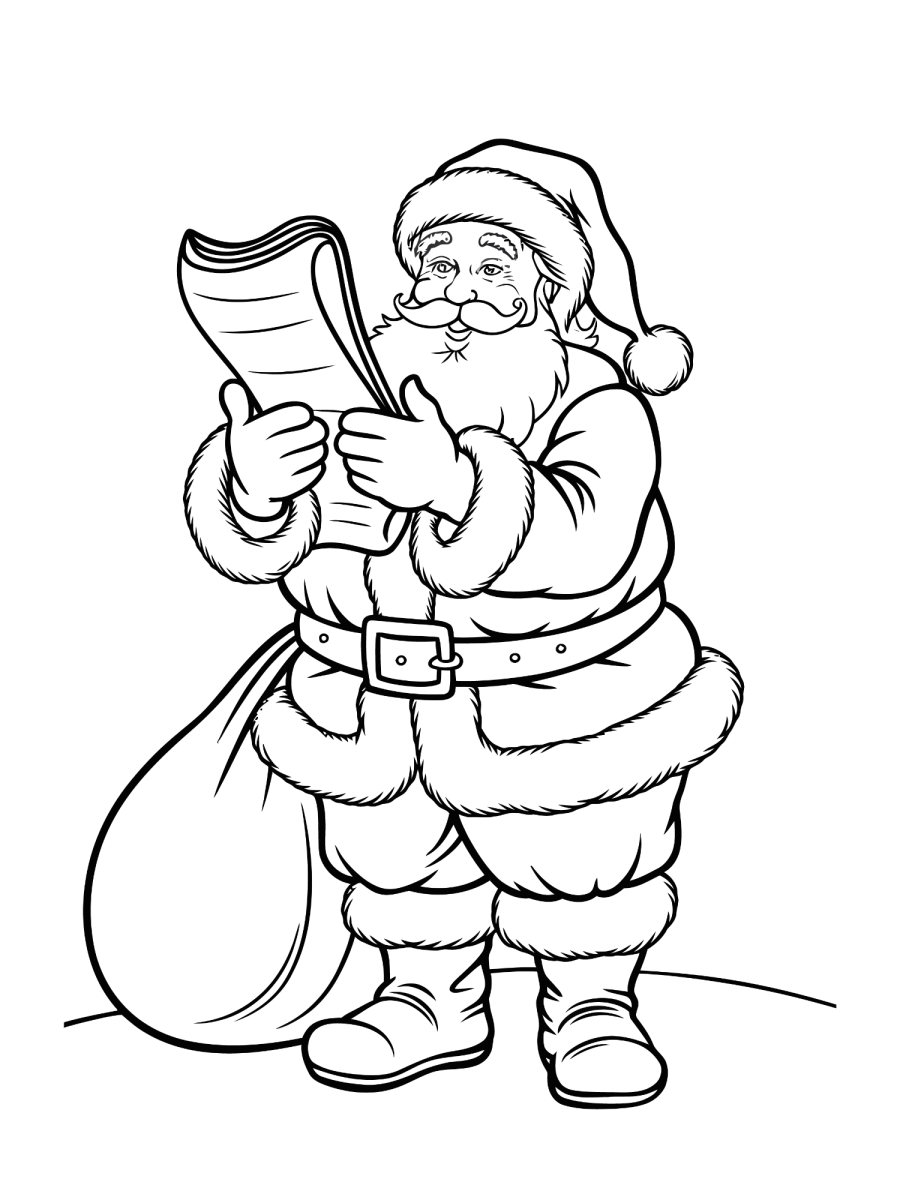 Papai Noel conferindo a carta com o saco de presentes para colorir