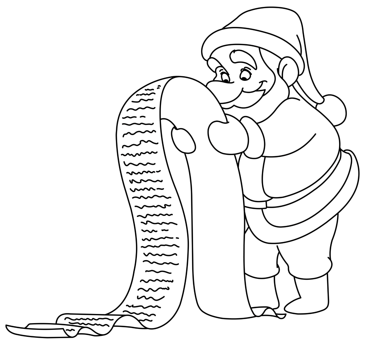 Papai Noel conferindo a lista de presentes que chega ao chão para colorir