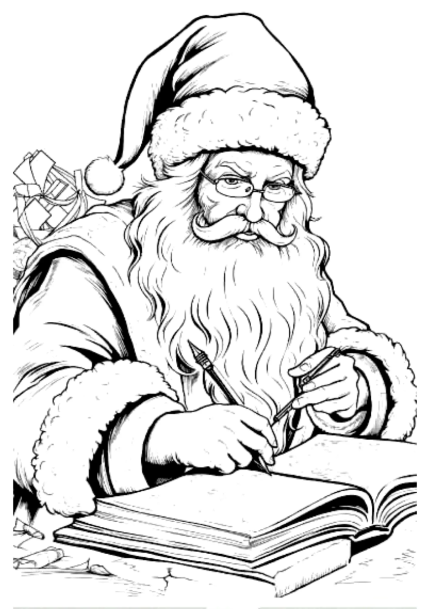 Papai Noel conferindo a lista dos bons meninos para colorir