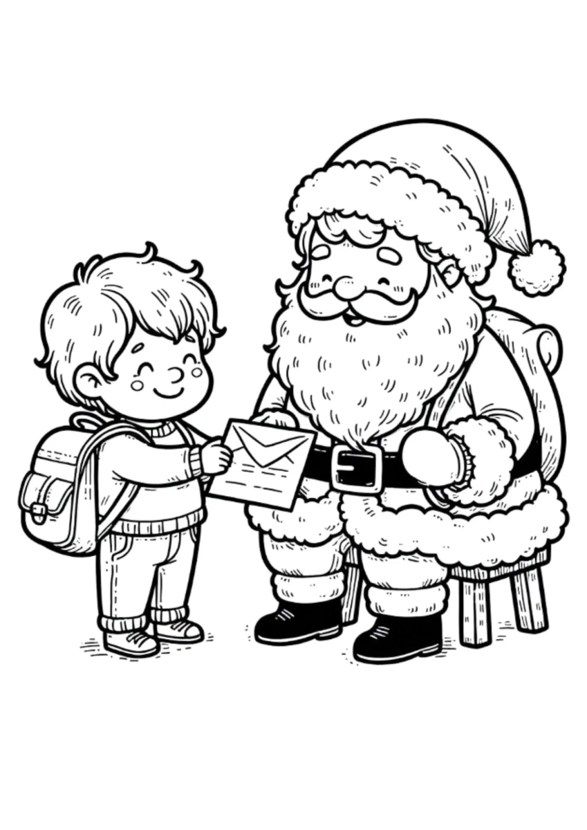 Papai Noel dando um presente para o menino para colorir