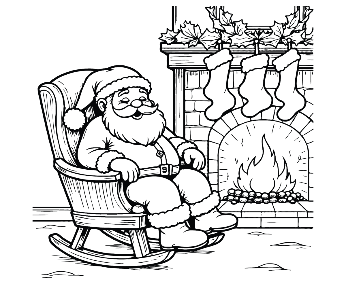 Papai Noel descansando na poltrona junto à lareira para colorir