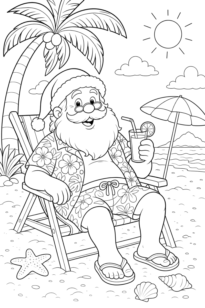 Papai Noel descansando na praia para colorir