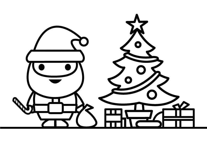 Papai Noel e a árvore de Natal enfeitada para colorir