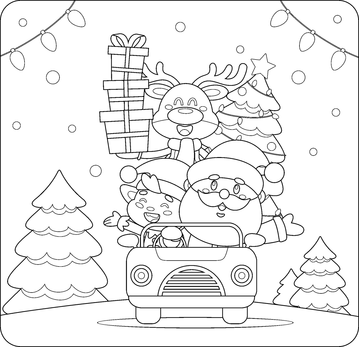 Papai Noel e duende no carro cheio de presentes para colorir