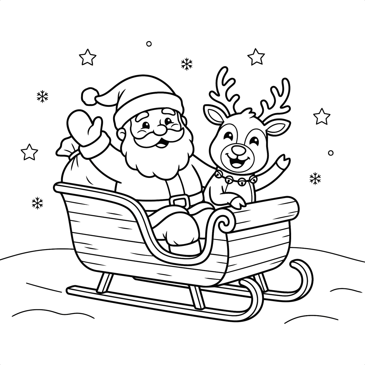Papai Noel e rena dentro do trenó para colorir