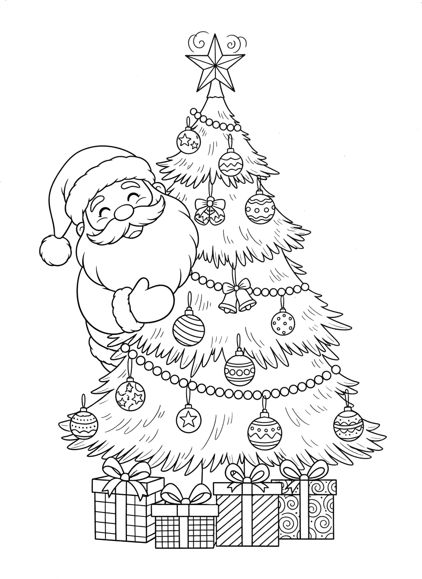 Papai Noel enfeitando a árvore de Natal para colorir