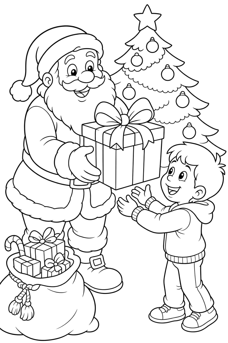 Papai Noel entregando presente para a criança para colorir