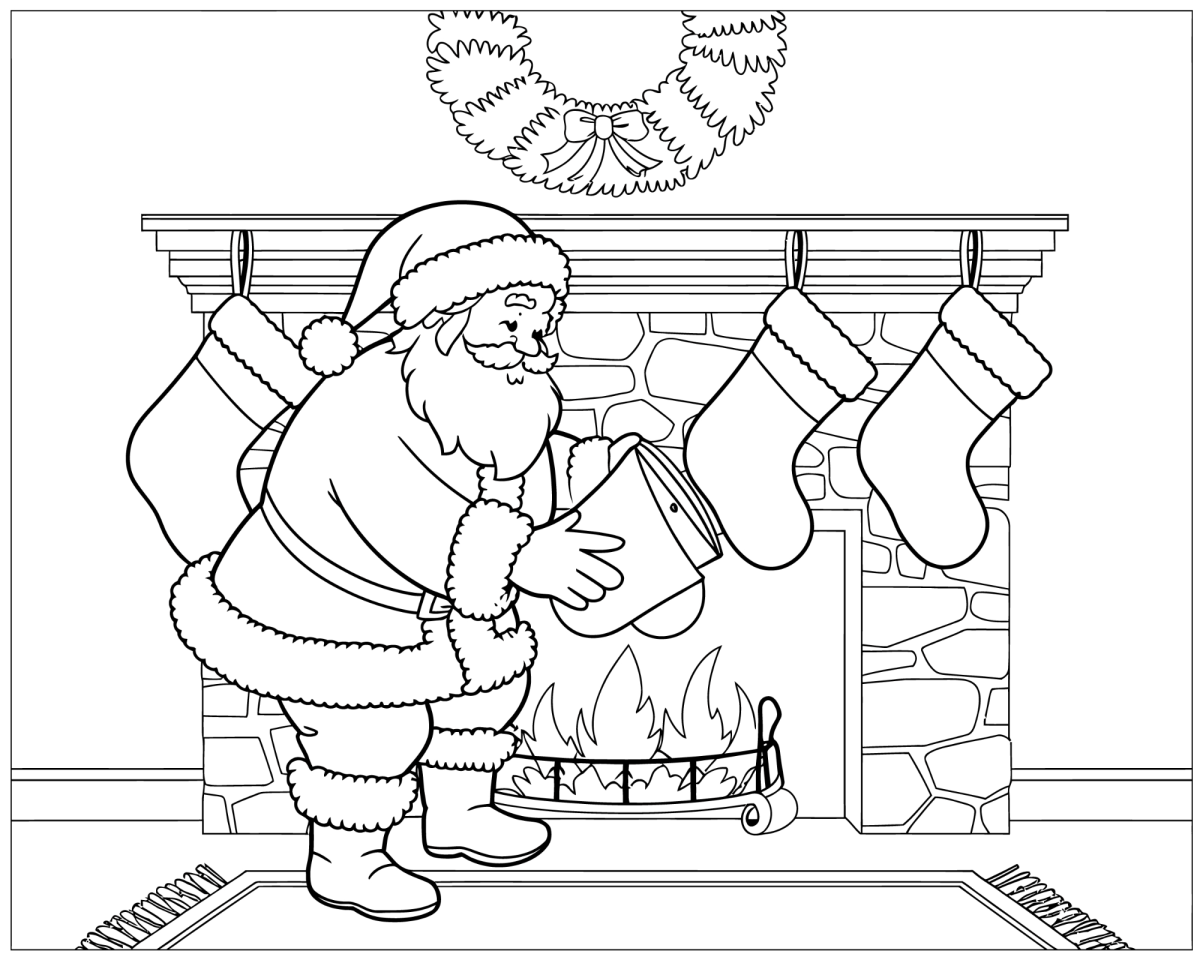 Papai Noel entregando presentes junto à lareira para colorir