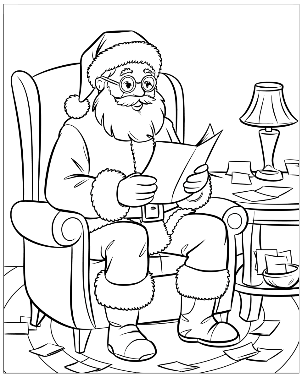 Papai Noel escrevendo respostas na poltrona para colorir