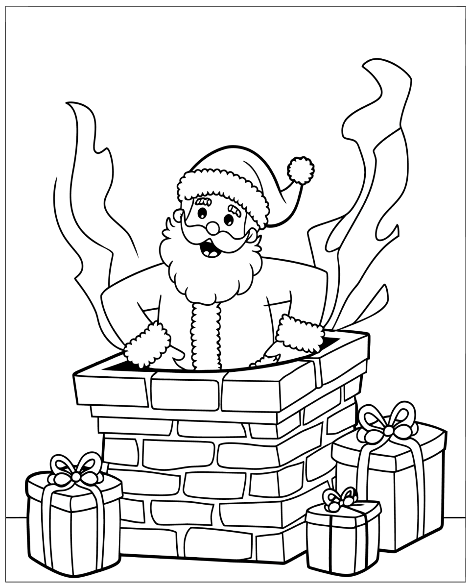 Papai Noel espiando de dentro da chaminé para colorir