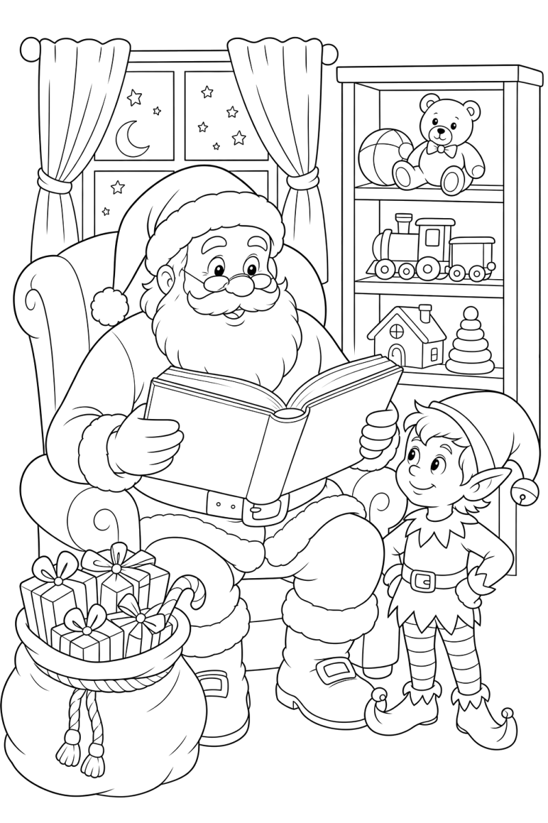 Papai Noel lendo a lista de presentes para colorir
