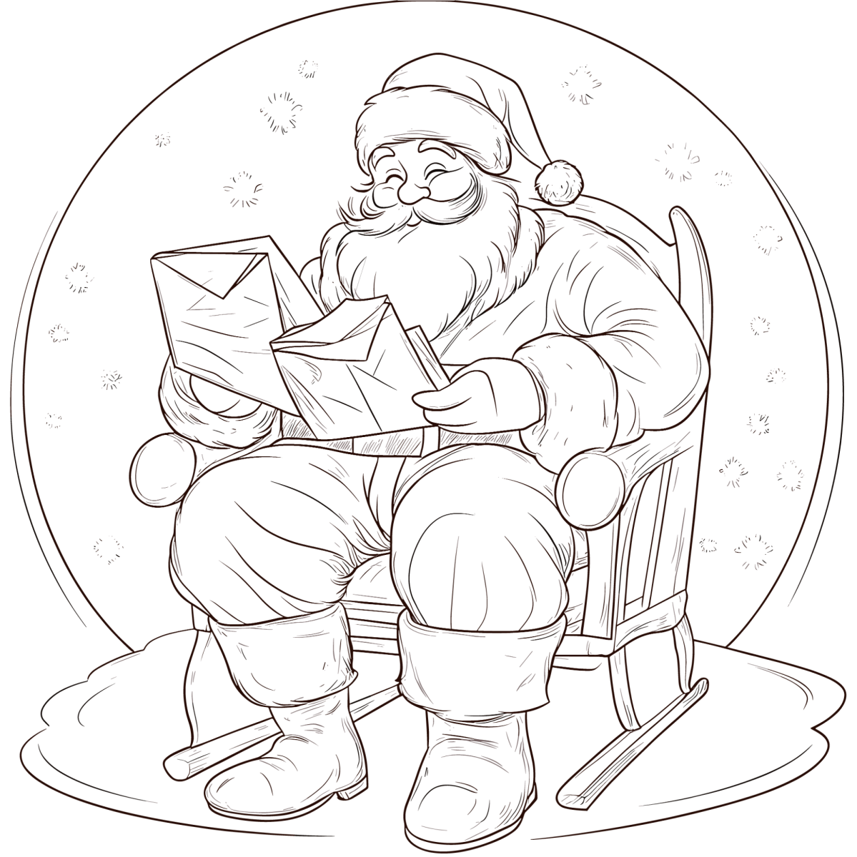 Papai Noel lendo carta dentro do globo de neve para colorir