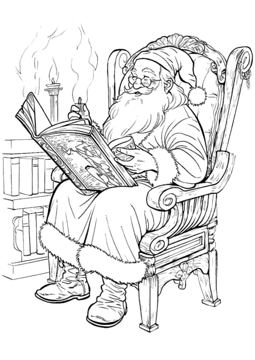 Papai Noel lendo na poltrona para colorir