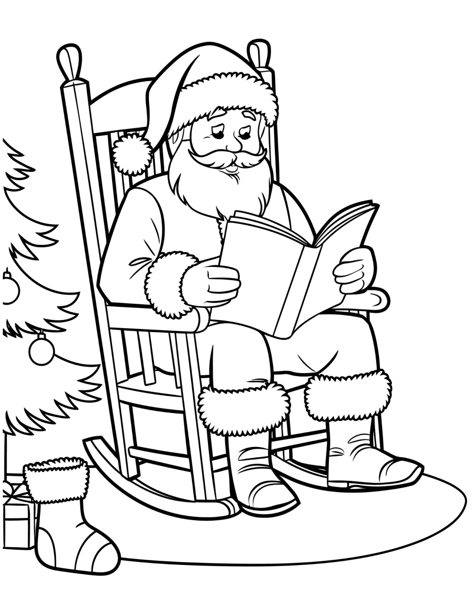 Papai Noel na cadeira de balanço ao lado da árvore para colorir