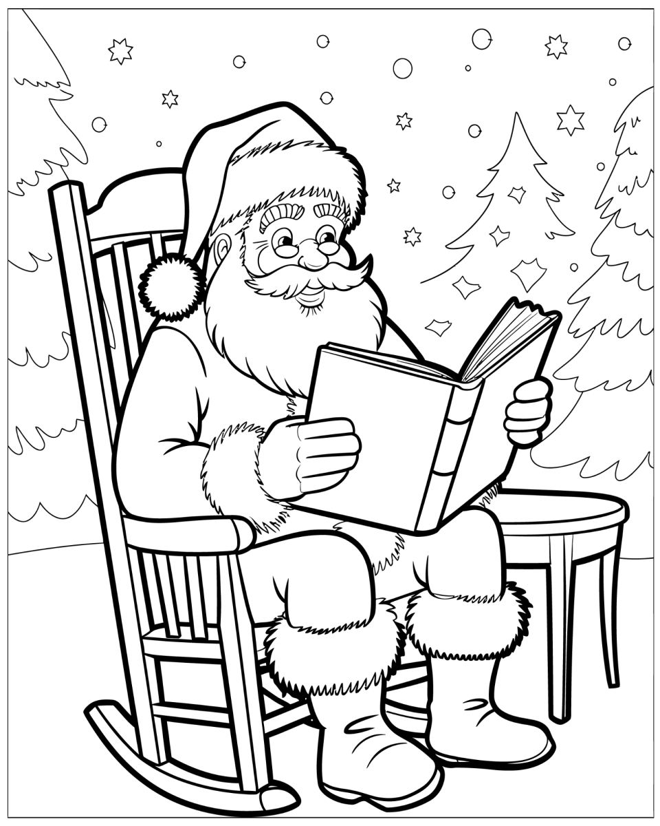 Papai Noel na cadeira de balanço lendo cartas na neve para colorir