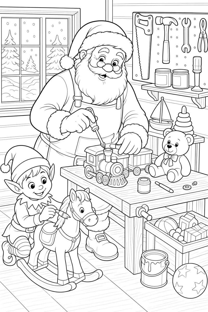 Papai Noel na oficina com os brinquedos para colorir
