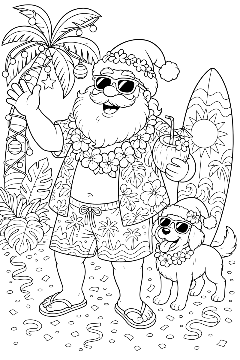 Papai Noel na praia com o cachorrinho para colorir