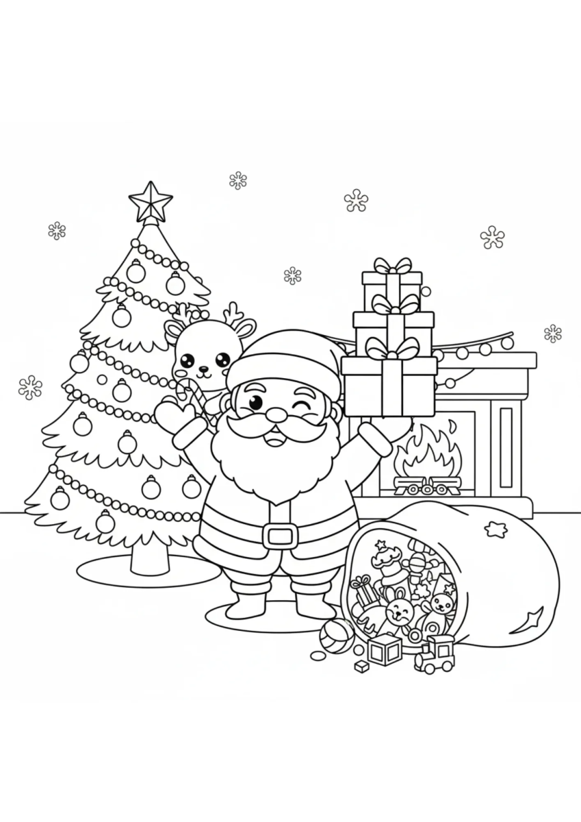 Papai Noel na sala com a árvore e os presentes para colorir