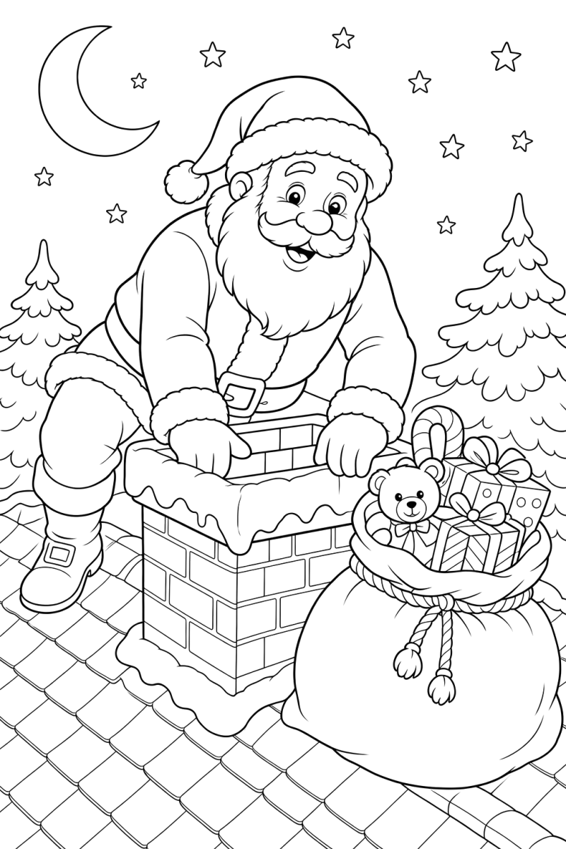 Papai Noel no telhado com o saco de presentes para colorir