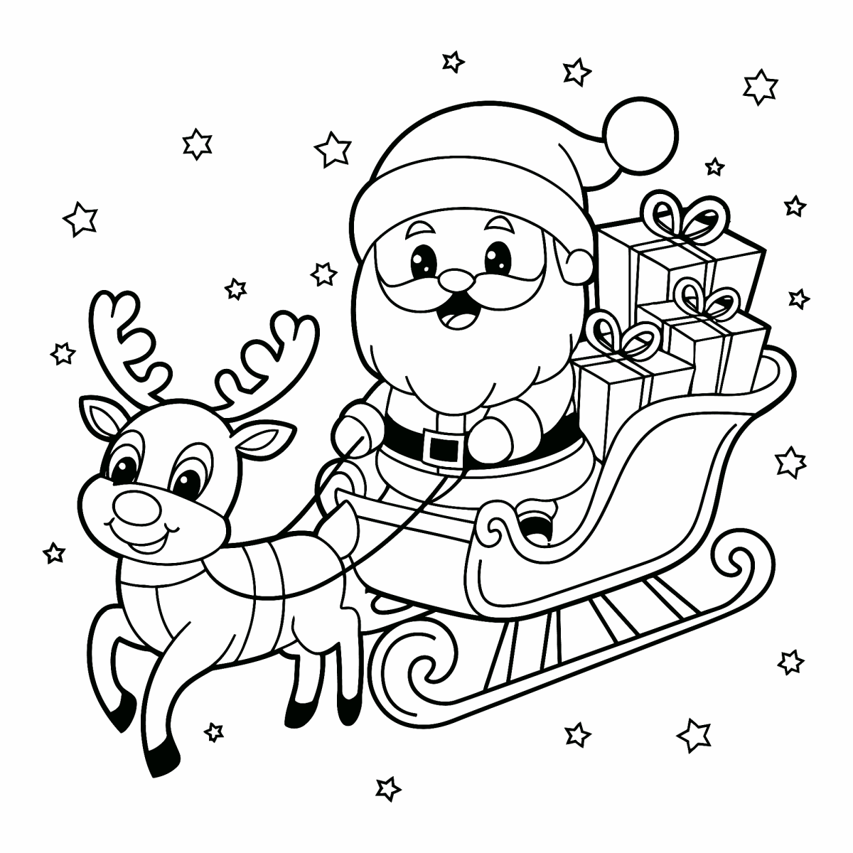 Papai Noel no trenó com rena e saco de presentes para colorir