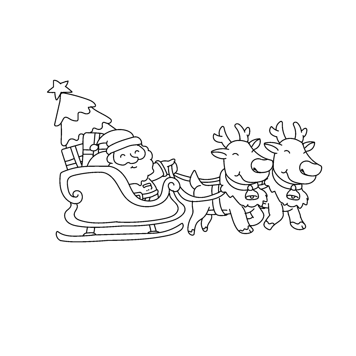 Papai Noel no trenó com renas e presentes para colorir