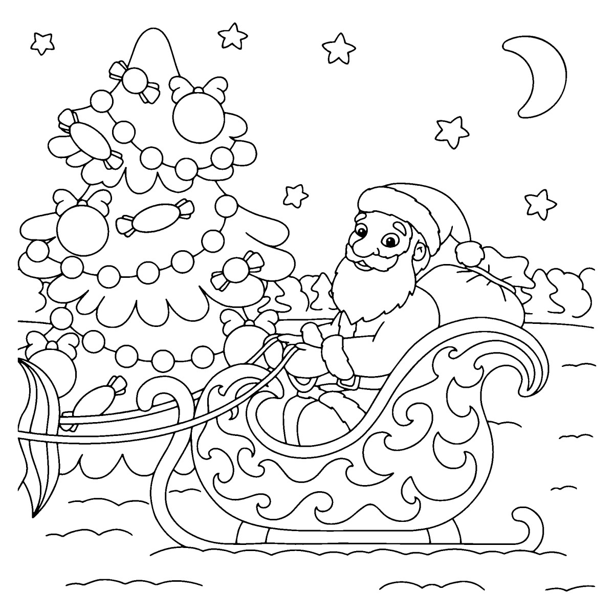 Papai Noel no trenó com saco de presentes e pinheiro para colorir
