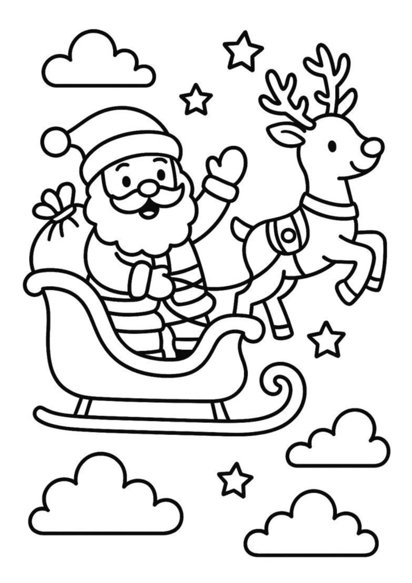 Papai Noel no trenó entre estrelas e nuvens para colorir