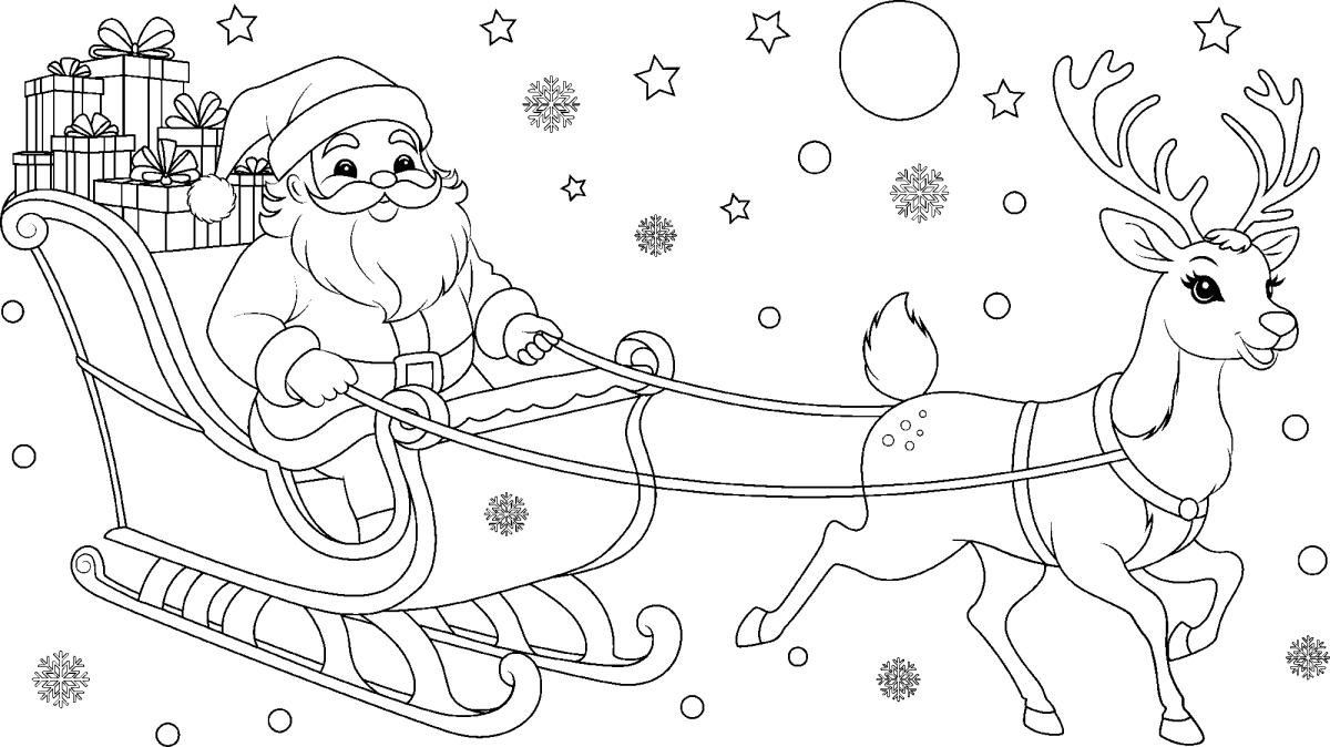 Papai Noel no trenó entre flocos de neve para colorir