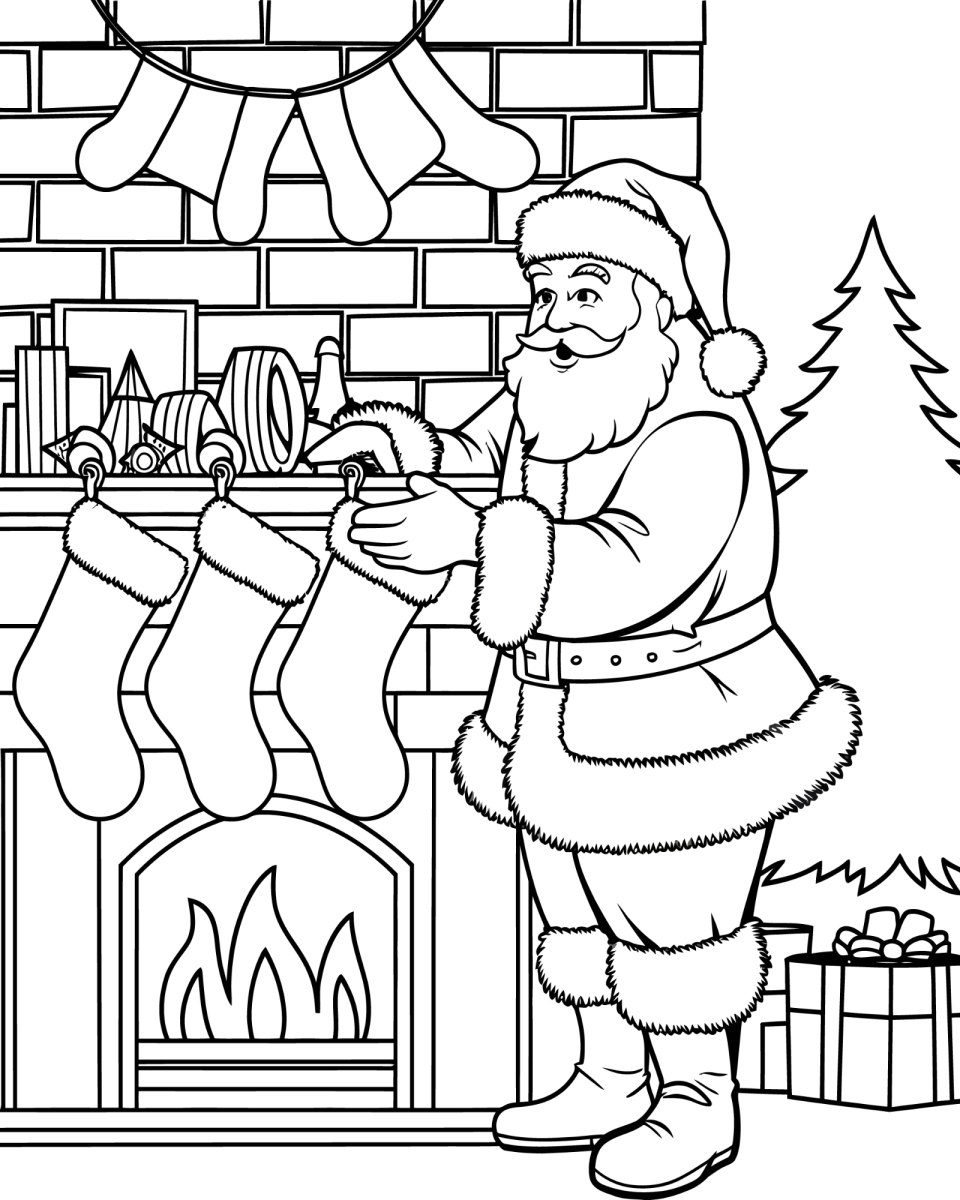 Papai Noel pendurando presentes na lareira para colorir