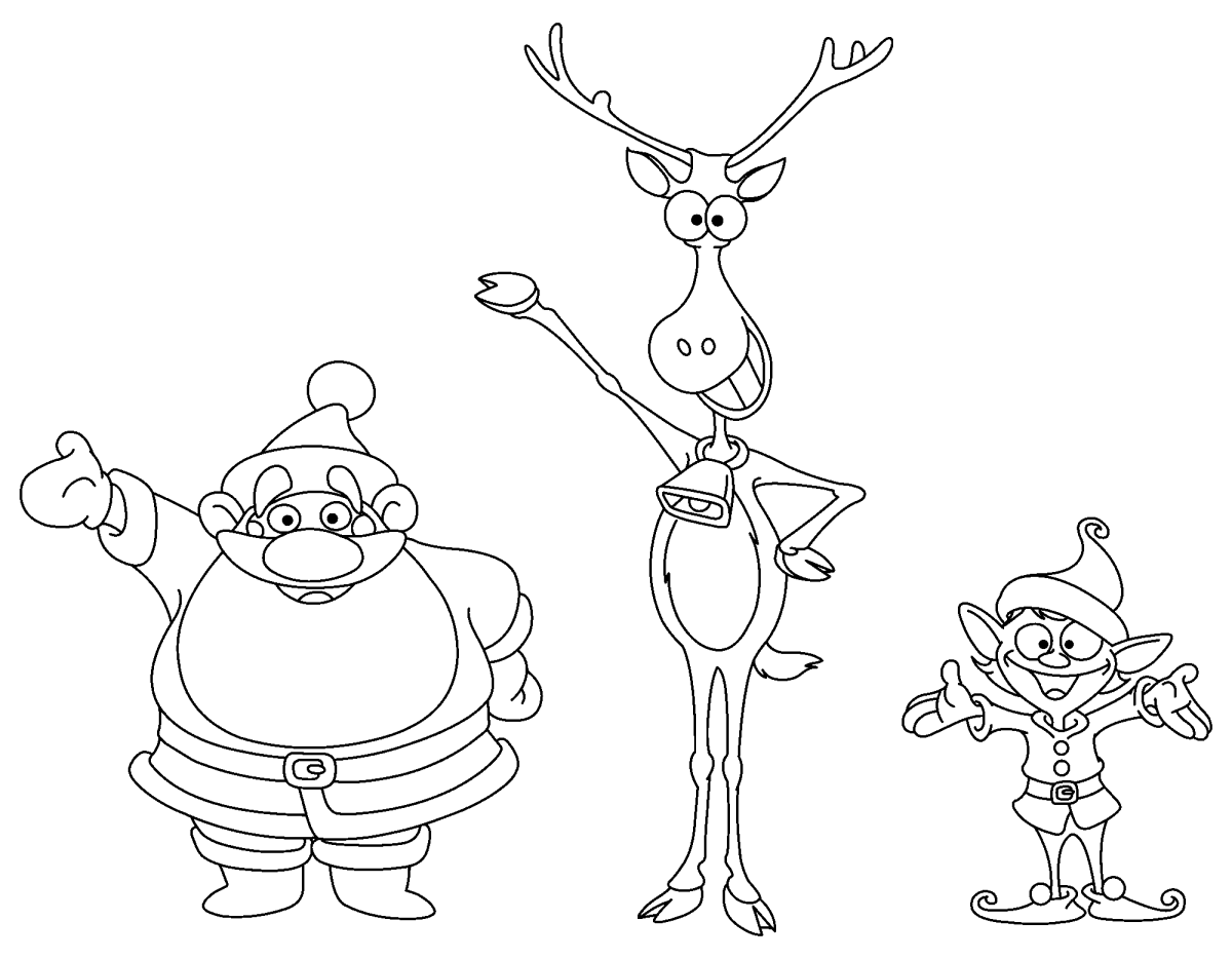 Papai Noel, rena e duende reunidos para colorir