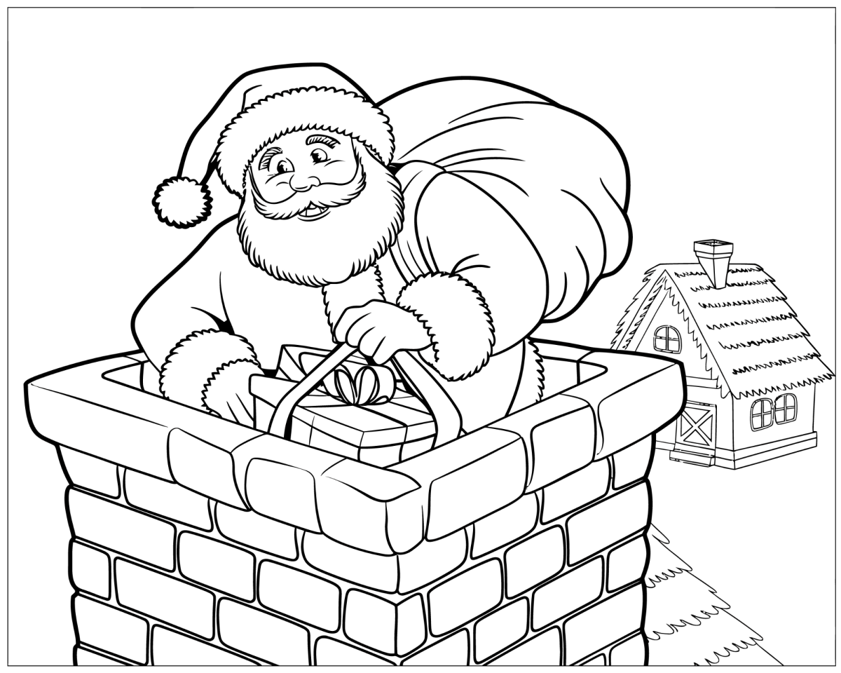 Papai Noel saindo da chaminé com o saco de presentes para colorir